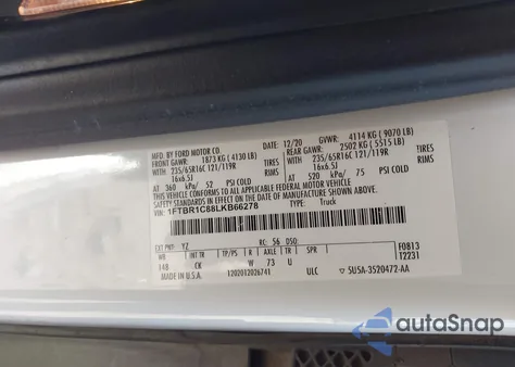 2020 Ford Transit-250 из США, поврежденный, VIN 1FTBR1C88LKB66278